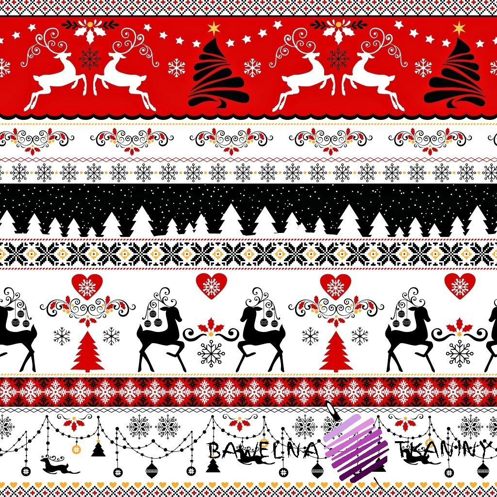 Bawełna wzór świąteczny jelonki czarno czerwone na białym tle