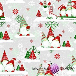 Cotton Christmas pattern green & red sprites with reindeer on a gray background