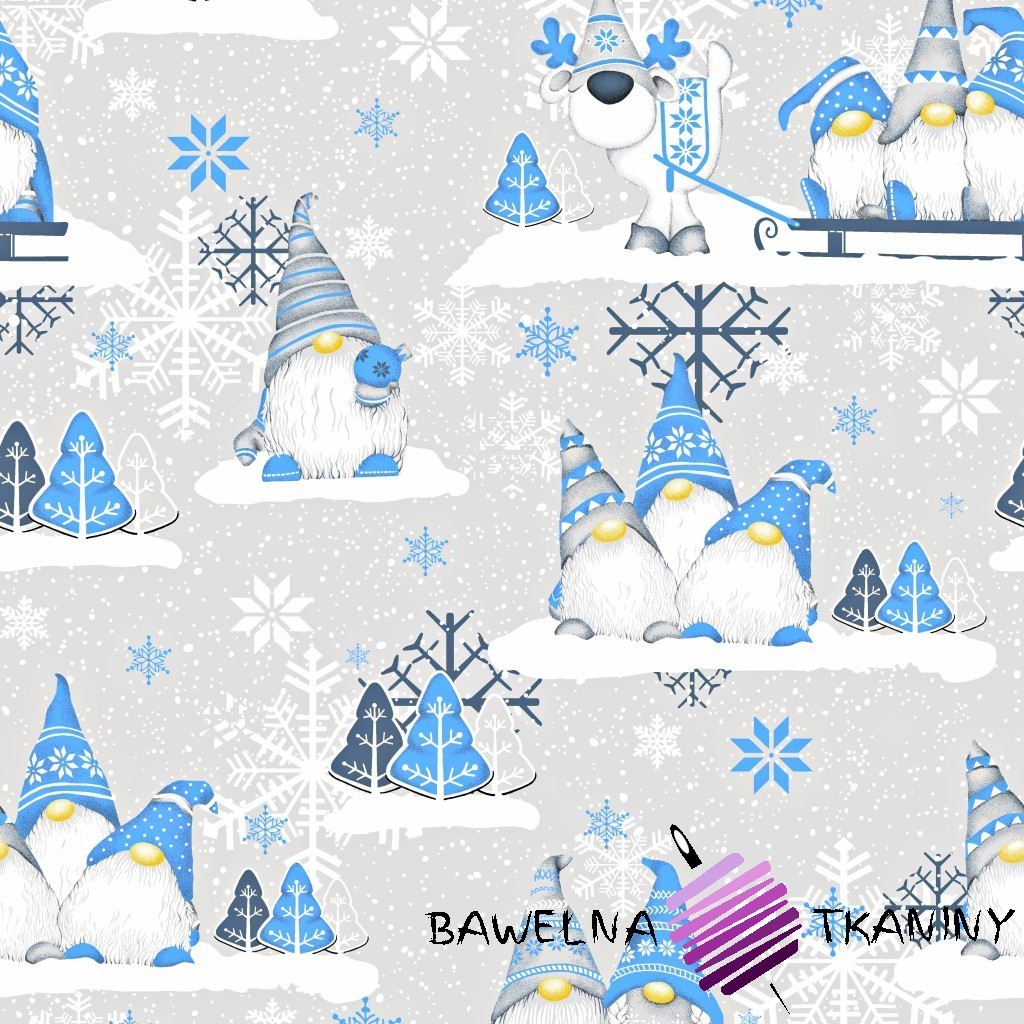 Bawełna Wzór świąteczny skrzaty niebieskie z reniferem na szarym tle