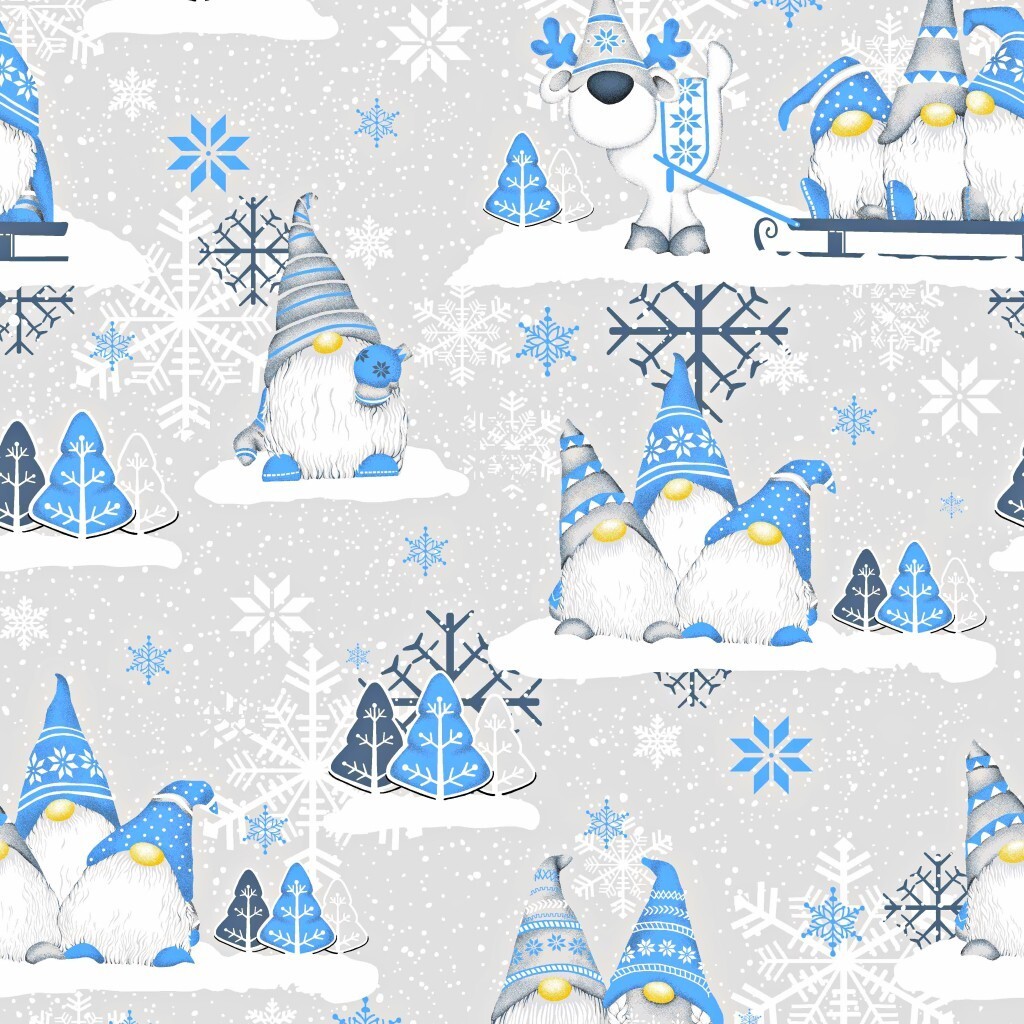 Cotton Christmas pattern blue sprites with reindeer on a gray background