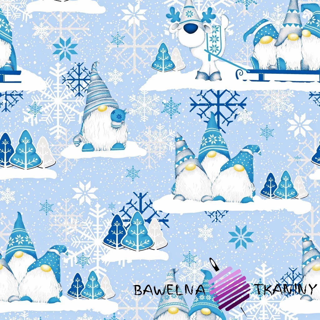 Bawełna Wzór świąteczny skrzaty niebieskie z reniferem na niebieskim tle