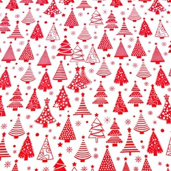 Cotton Christmas pattern red Christmas tree with baubles on a white background