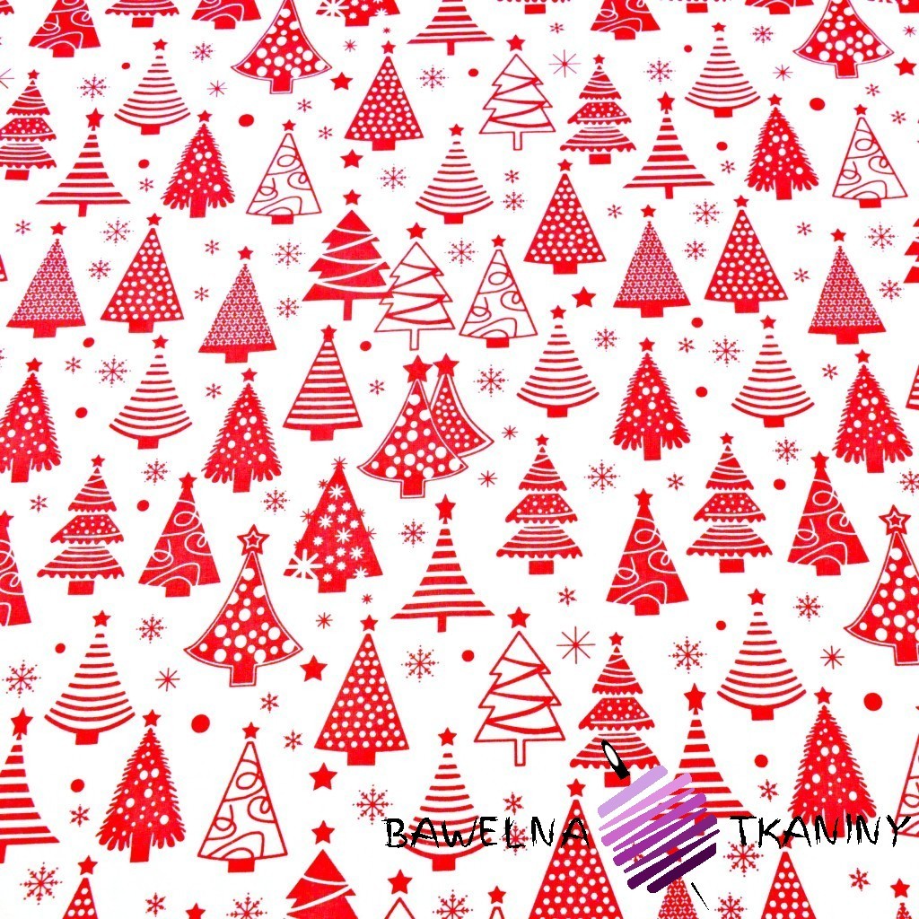 Bawełna Wzór świąteczny choinki z bombkami czerwone na białym tle