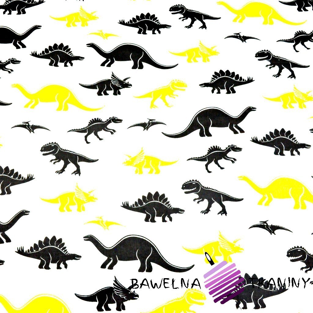 Bawełna dinozaury żółto czarne na białym tle
