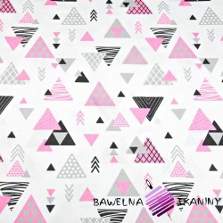Cotton gray & pink patterned triangles on a white background