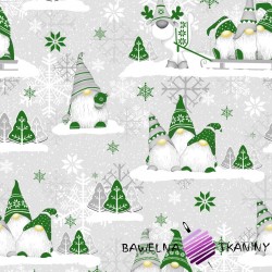 Cotton Christmas pattern green sprites with reindeer on a gray background