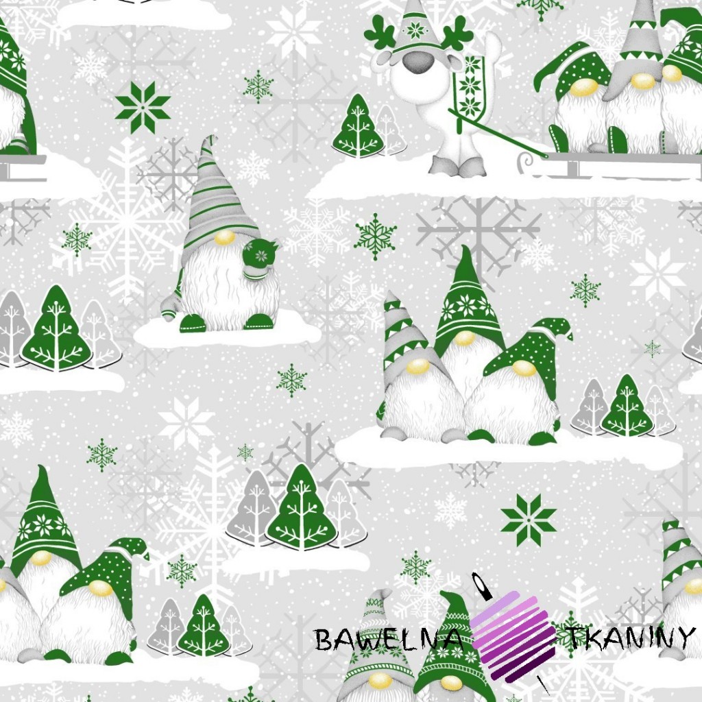 Bawełna Wzór świąteczny skrzaty zielone z reniferem na szarym tle