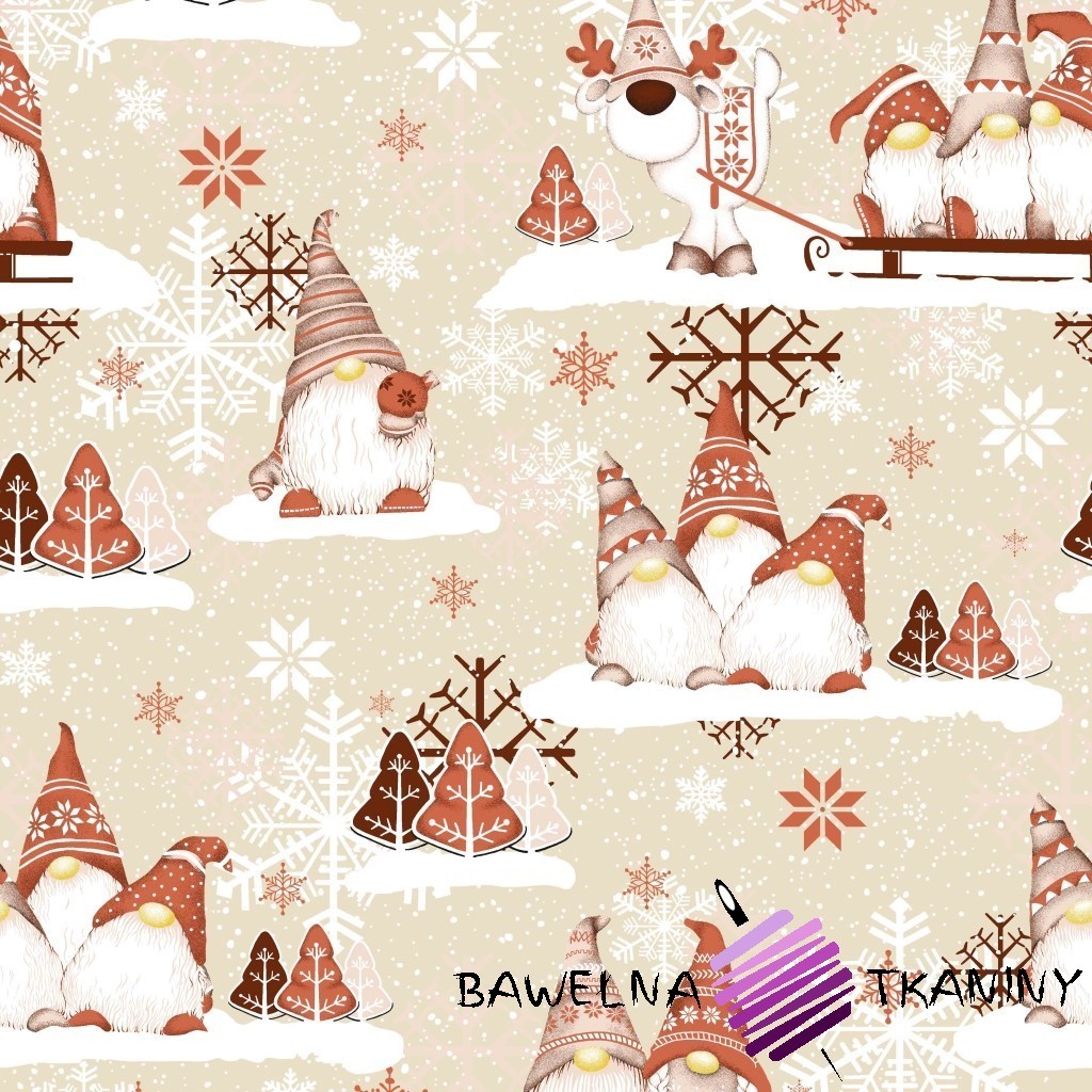 Bawełna Wzór świąteczny skrzaty z reniferem brązowo beżowe na beżowym tle