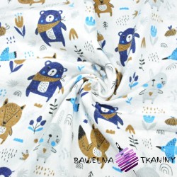 Flannel navy beige animals on meadow on a white background