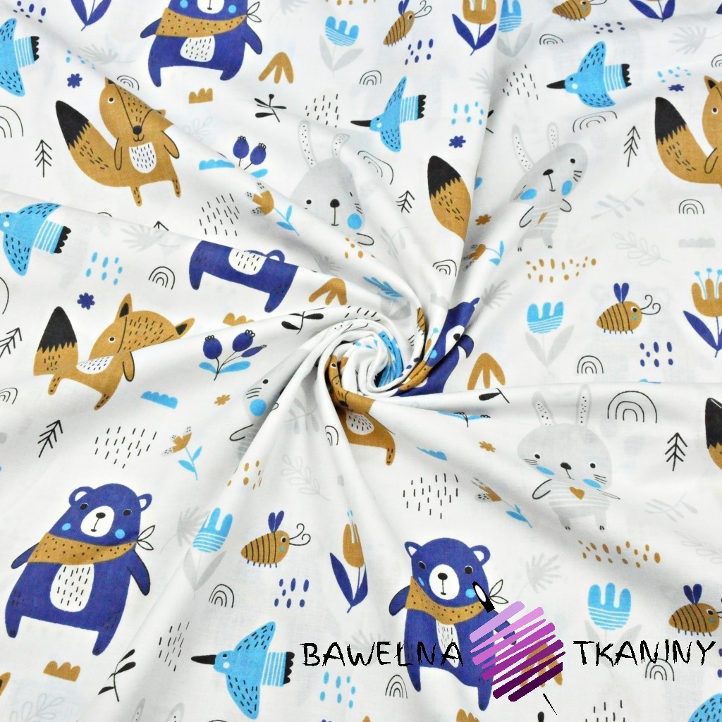 Cotton navy beige animals on meadow on a white background