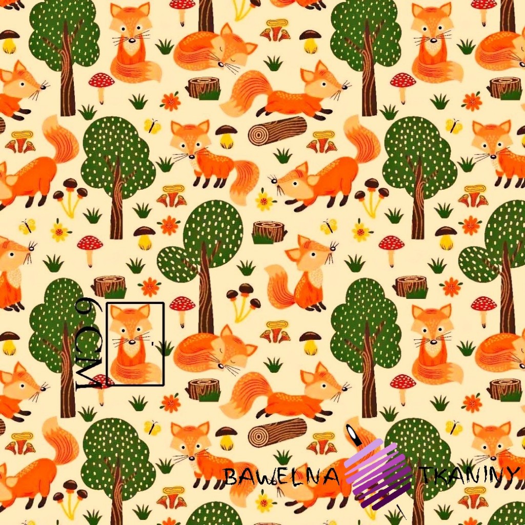 Cotton orange foxes in forest on ecru background