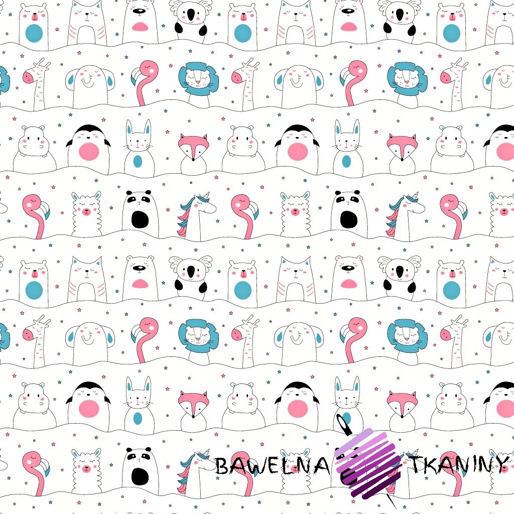 Cotton pink & blue animals on the lines on white background