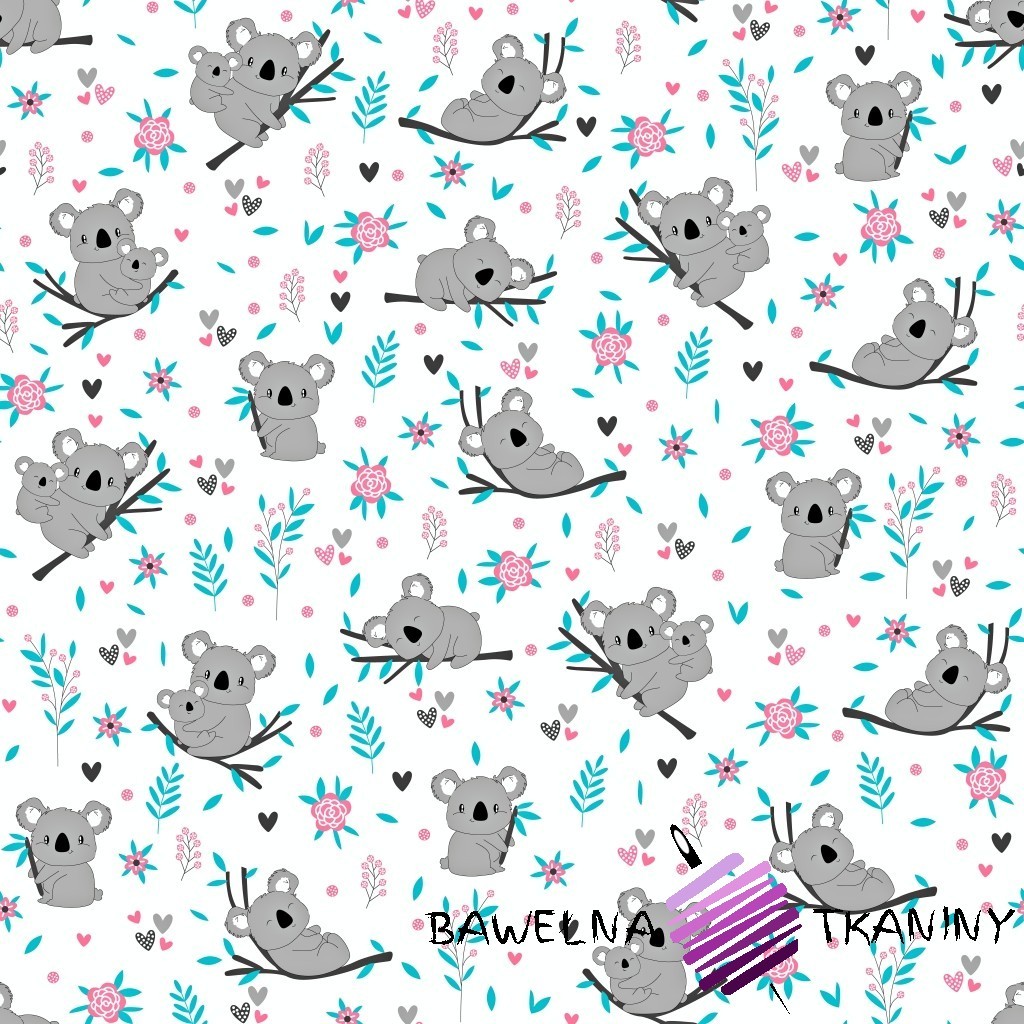 Cotton koala bears on pink-turquoise branches on a white background