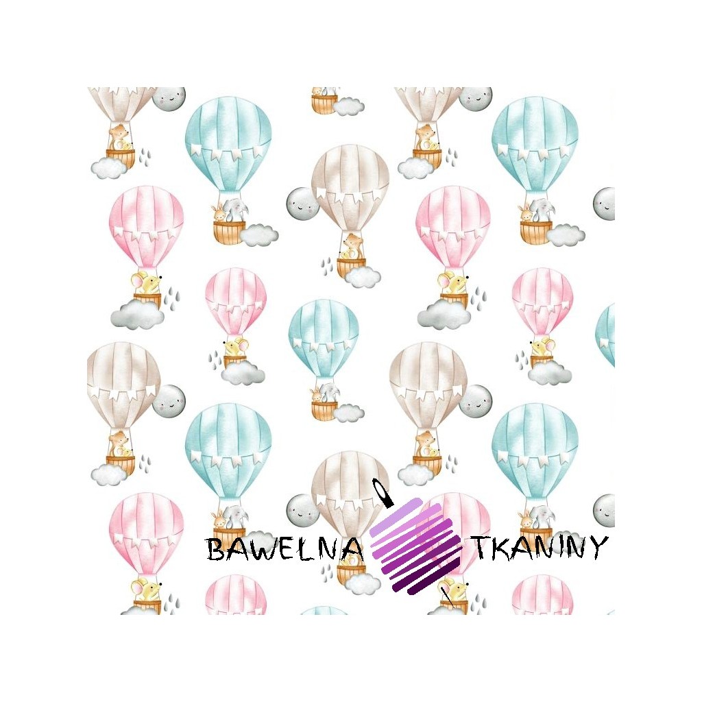 Cotton animals in pastel balloons on a white background