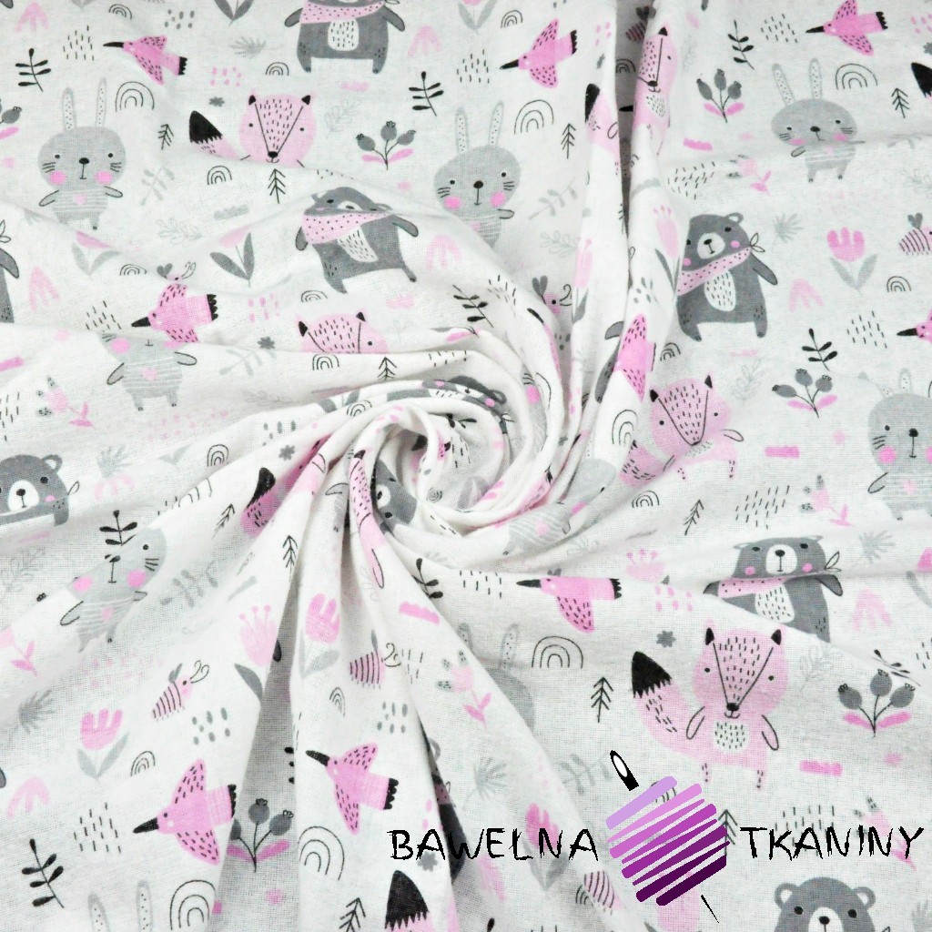 Flannel gray pink animals on meadow on a white background