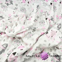 Flanela zwierzątka na łące różowo szare na białym