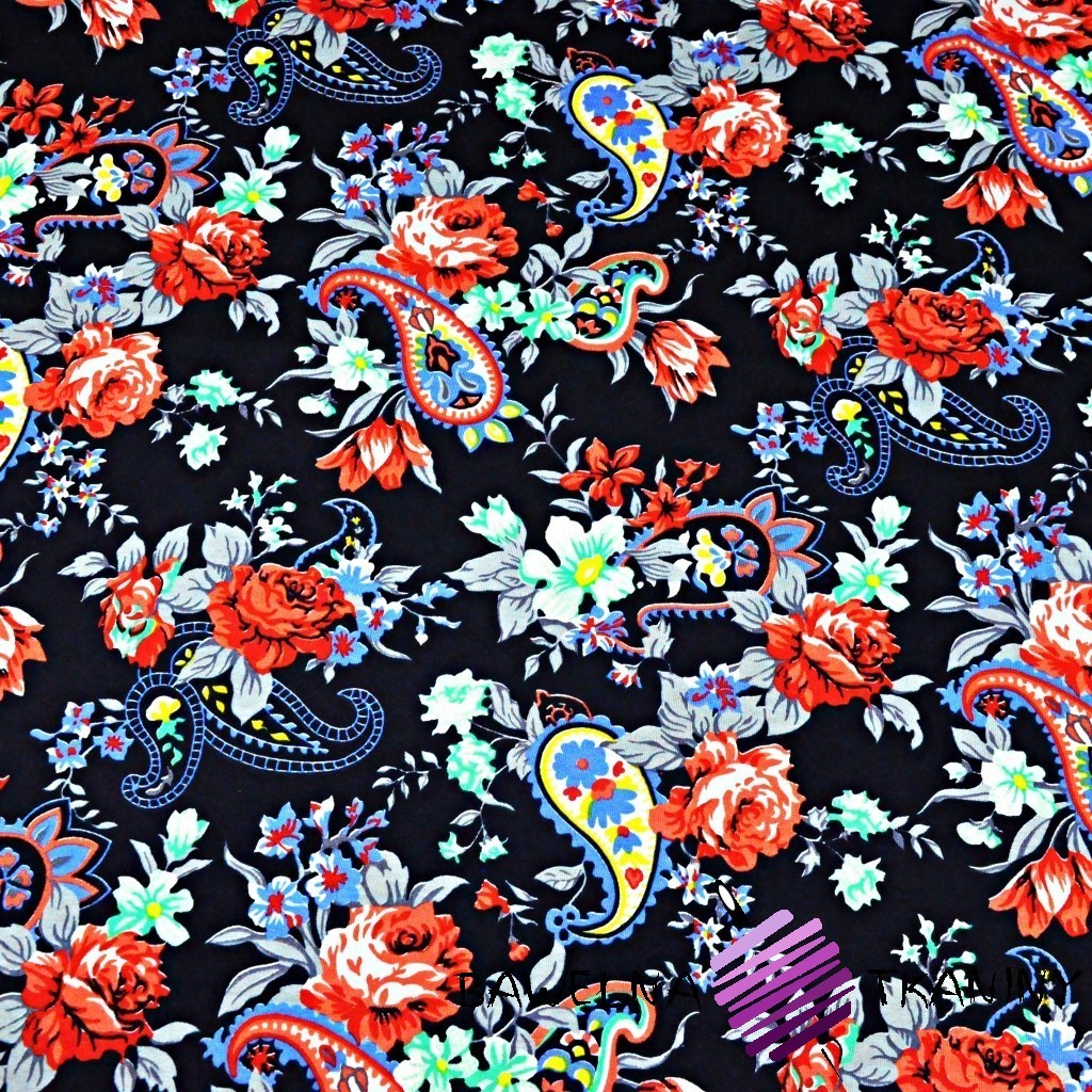 Cotton Jersey - colored flowers on a navy blue background