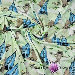 Cotton Jersey digital print - Indian raccoons on a light green background