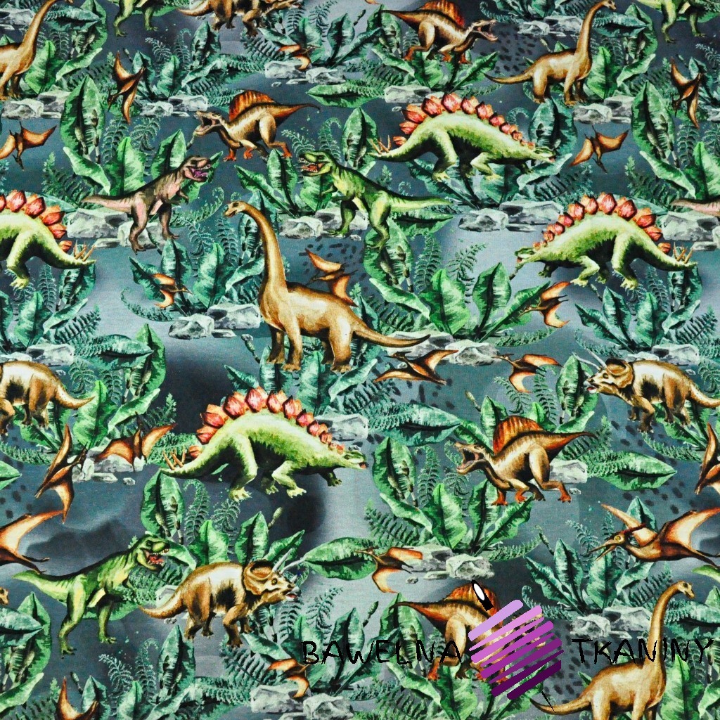 Cotton Jersey digital print -dinosaurs on a gray-green background