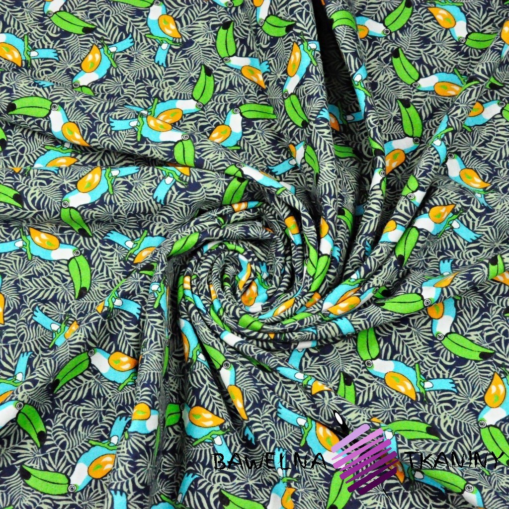 Cotton Jersey - toucans on a navy blue background