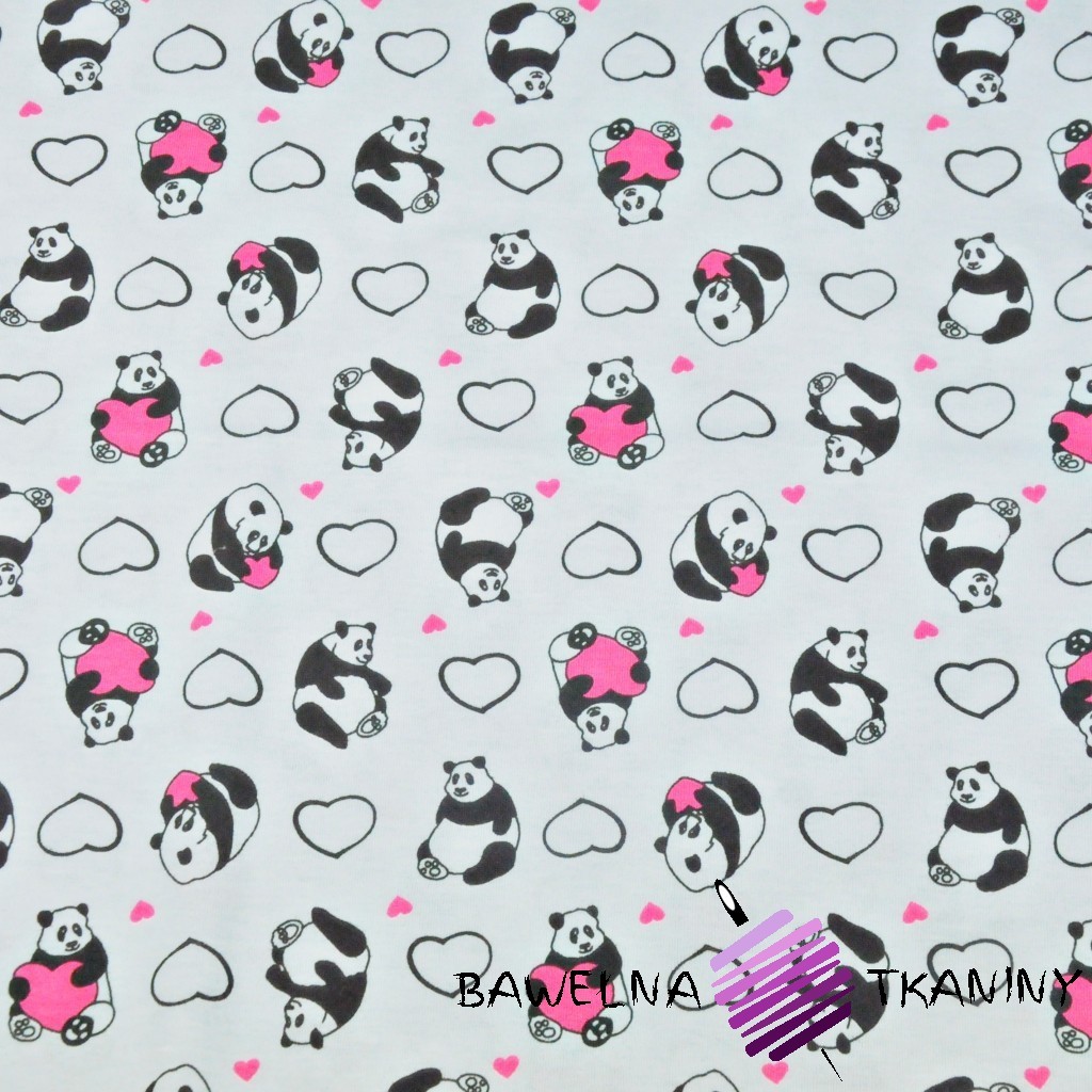 Cotton Jersey - pandas with hearts on white background