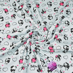 Cotton Jersey - pandas with hearts on white background