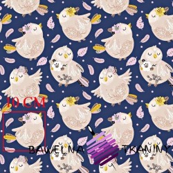 Cotton birds with pink feathers on navy background