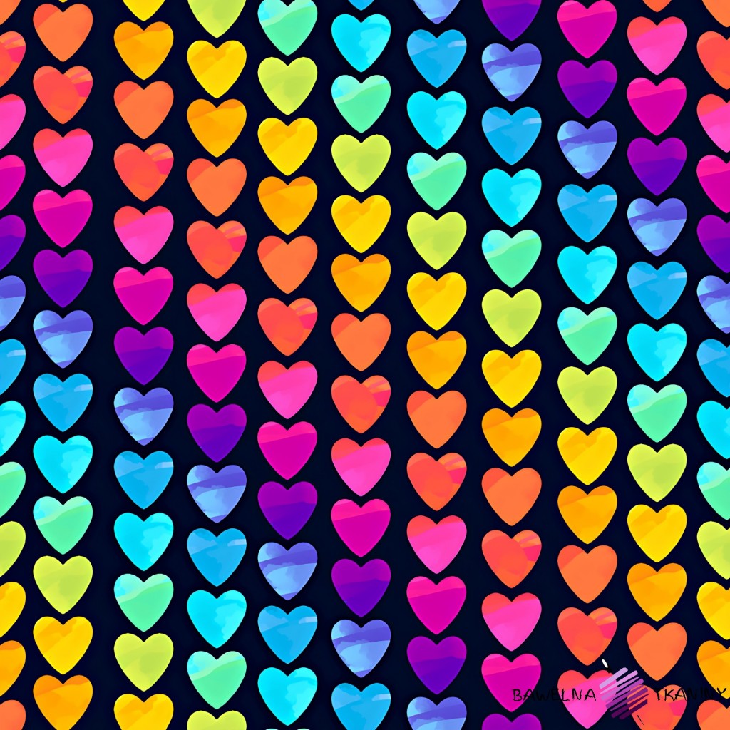 Looped knit digital print - colorful hearts on black background