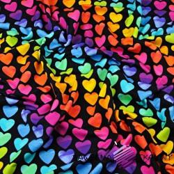 Looped knit digital print - colorful hearts on black background