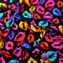 Cotton Jersey digital print - colored lips on a black background