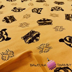 Looped knit - black raccoons on mustard background