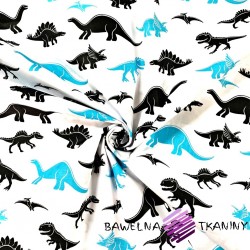 Bawełna dinozaury niebiesko czarne na białym tle