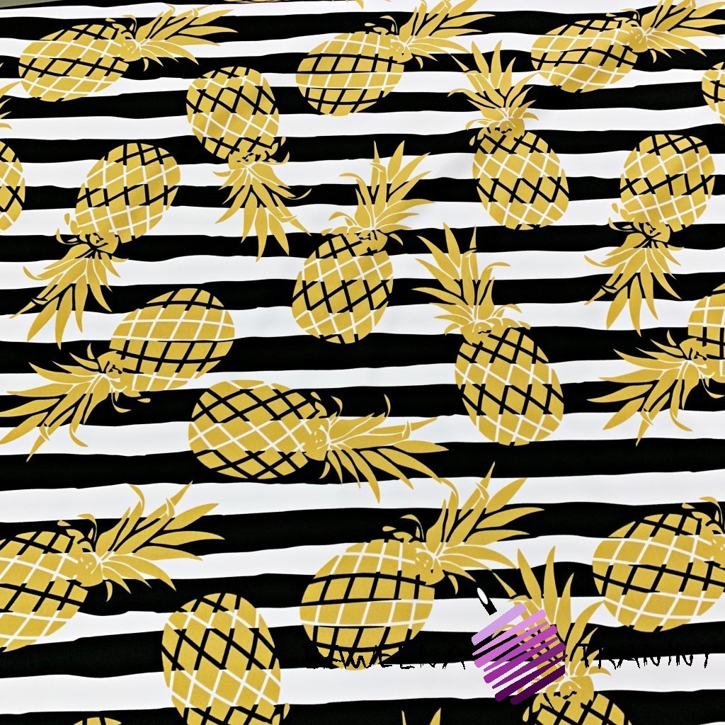 waterproof fabric with golden pineapple on white and black stripes background