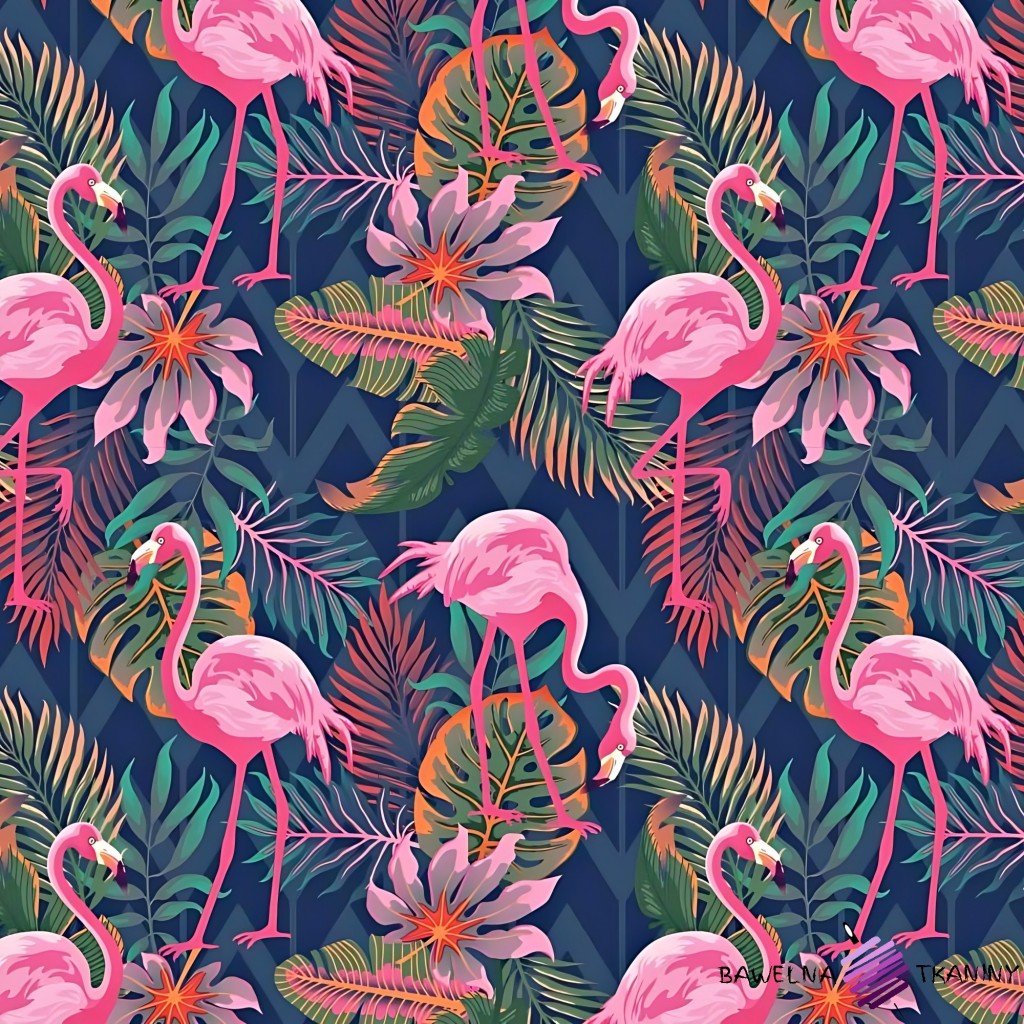 Bawełna flamingi różowe na granatowo zielonym tle