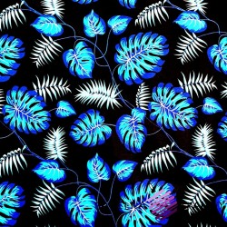Bawełna liście niebieskie na czarnym tle