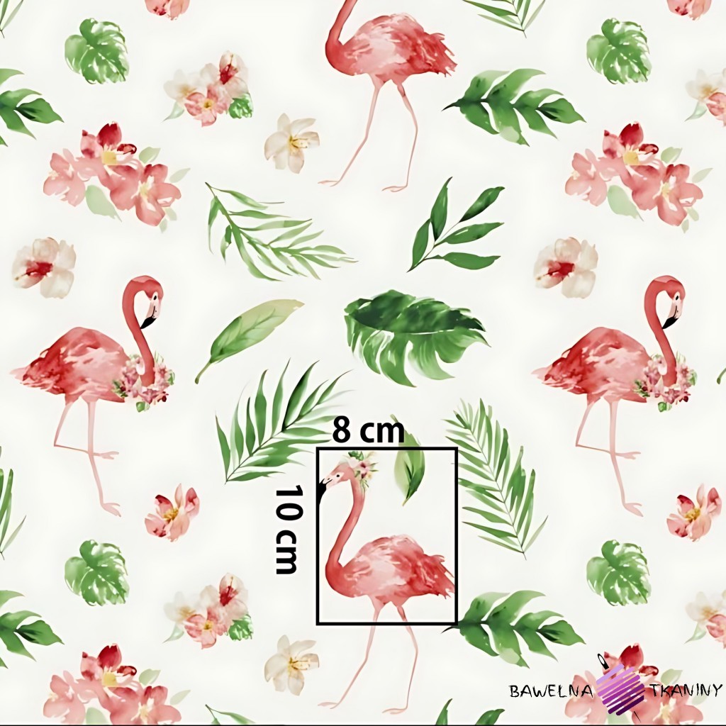 Cotton flamingos in flowers and leaves on white background