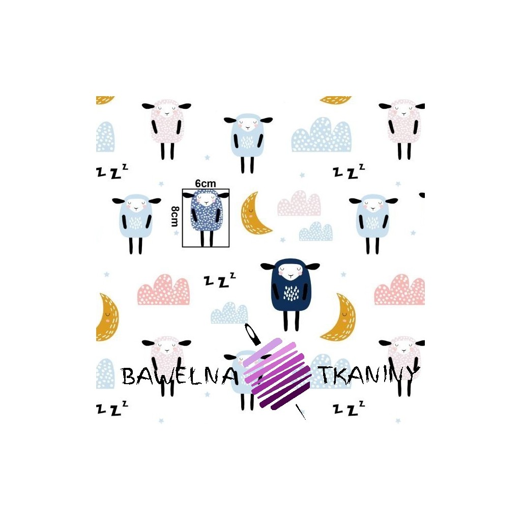 Bawełna owieczki śpiące z księżycami na białym tle