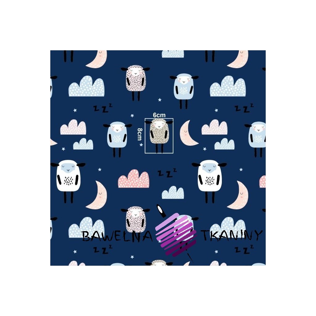 Cotton sheep sleeping with moons on a navy background