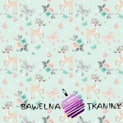 Cotton deer with bows and roses on a mint background