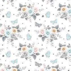 Cotton flowers pastel roses with butterflies on a white background