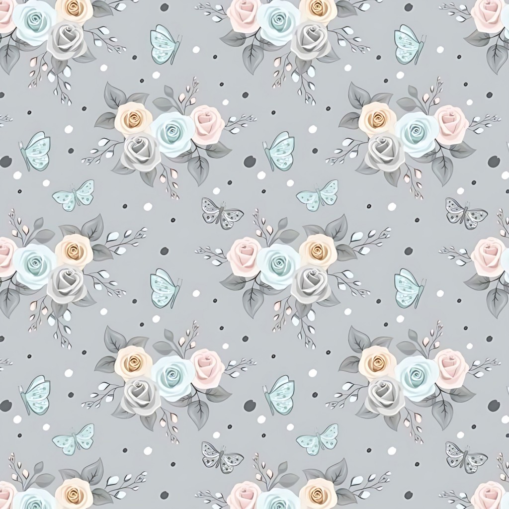 Cotton flowers pastel roses with butterflies on a gray background