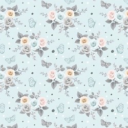 Cotton flowers pastel roses with butterflies on a mint background