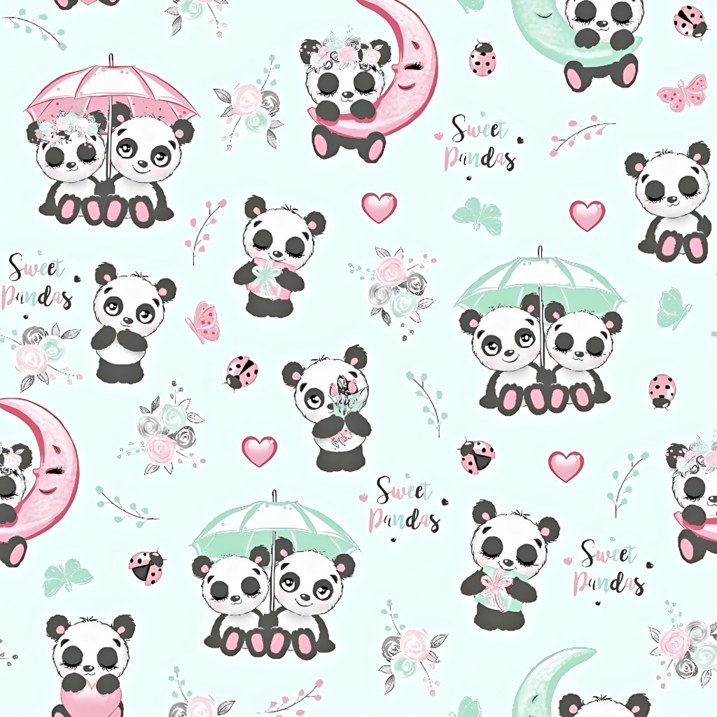 Bawełna pandy z parasolem na miętowym tle