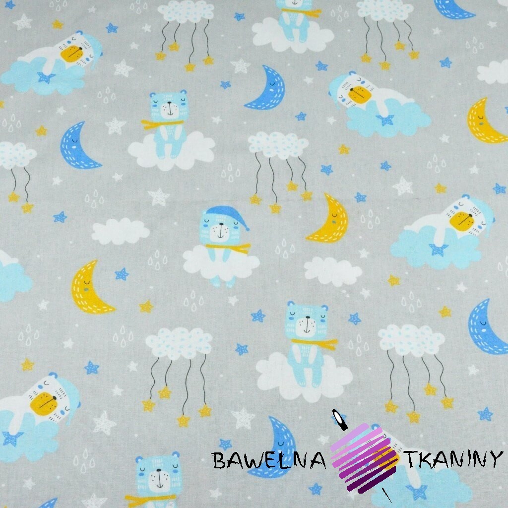 Cotton bears sleeping blue-yellow on a light gray background