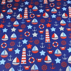 Cotton Marine patterns red gray on navy blue background