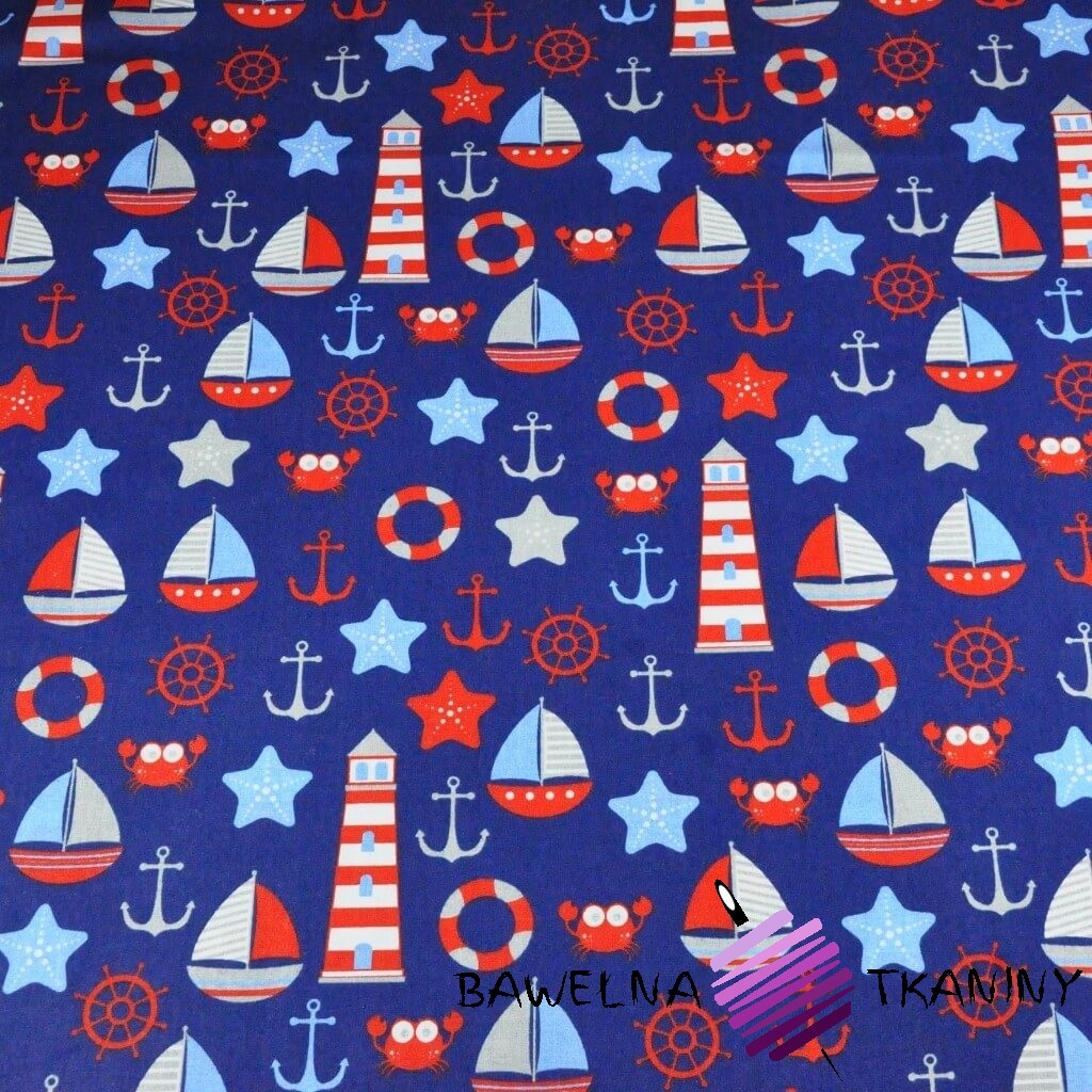 Cotton Marine patterns red gray on navy blue background
