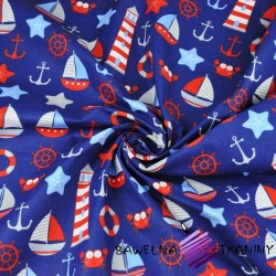Cotton Marine patterns red gray on navy blue background