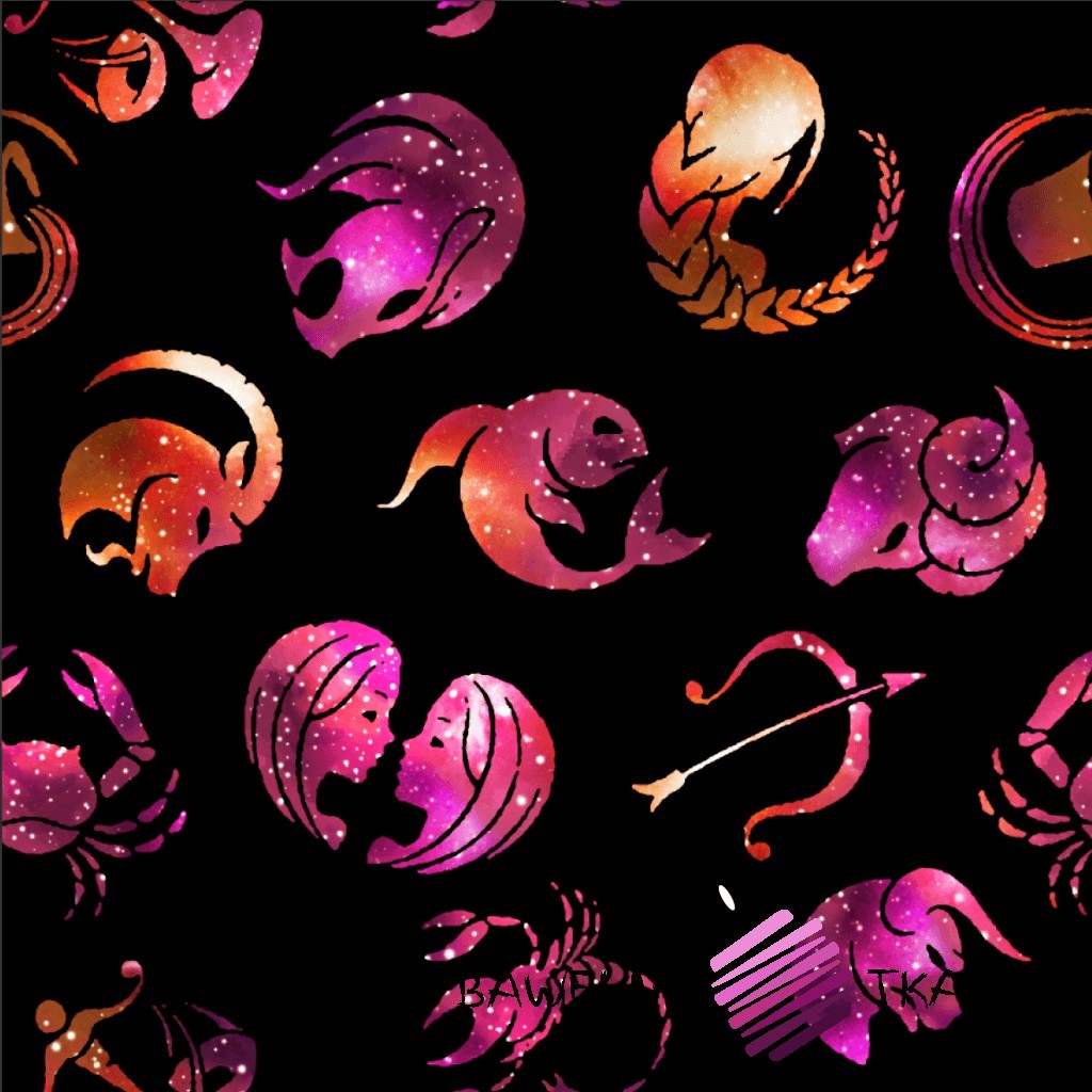 CottonJersey digital print of pink-orange zodiac signs on black background