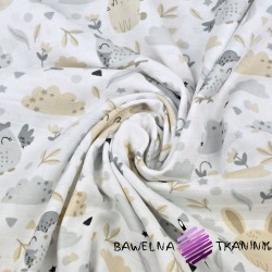 Muslin cloth owls with beige-gray bunnies on white background