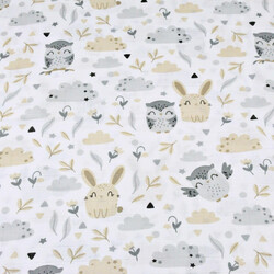 Muslin cloth owls with beige-gray bunnies on white background